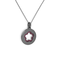 Nina Taşlı Çiçek Kolye - Rodolit garnet 925 ayar siyah rodyum kaplama gümüş kolye (40 cm gümüş rolo zincir) #1kbz8cu