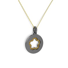 Nina Taşlı Çiçek Kolye - Sitrin 925 ayar siyah rodyum kaplama gümüş kolye (40 cm altın rolo zincir) #ux1pwi