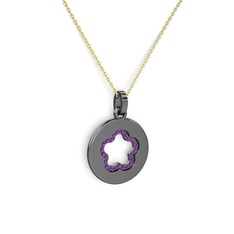 Nina Taşlı Çiçek Kolye - Ametist 925 ayar siyah rodyum kaplama gümüş kolye (40 cm altın rolo zincir) #z2eqsr