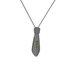 Taşlı Kravat Kolye - Peridot 925 ayar siyah rodyum kaplama gümüş kolye (40 cm gümüş rolo zincir) #1n4gytk
