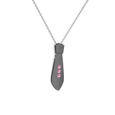 Taşlı Kravat Kolye - Pembe kuvars 925 ayar siyah rodyum kaplama gümüş kolye (40 cm beyaz altın rolo zincir) #1vp4q3l