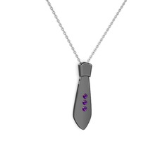 Taşlı Kravat Kolye - Ametist 925 ayar siyah rodyum kaplama gümüş kolye (40 cm beyaz altın rolo zincir) #1wdujpr