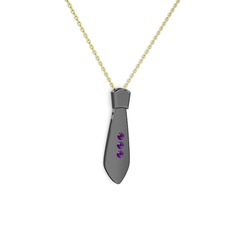 Taşlı Kravat Kolye - Ametist 925 ayar siyah rodyum kaplama gümüş kolye (40 cm altın rolo zincir) #zabrrb