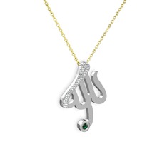 Taşlı Allah Yazılı Kolye - Swarovski ve yeşil kuvars 8 ayar beyaz altın kolye (40 cm altın rolo zincir) #101qnk6