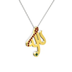 Taşlı Allah Yazılı Kolye - Garnet ve yeşil kuvars 8 ayar altın kolye (40 cm gümüş rolo zincir) #109saqf