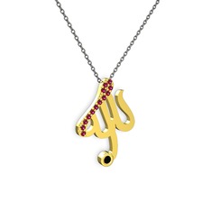 Taşlı Allah Yazılı Kolye - Rodolit garnet ve siyah zirkon 14 ayar altın kolye (40 cm gümüş rolo zincir) #11a9rp
