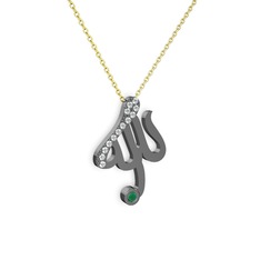 Swarovski ve kök zümrüt 925 ayar siyah rodyum kaplama gümüş kolye (40 cm altın rolo zincir)