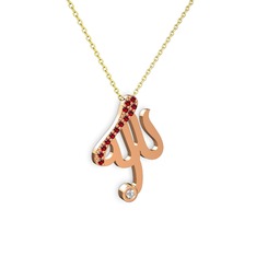 Taşlı Allah Yazılı Kolye - Garnet ve swarovski 8 ayar rose altın kolye (40 cm altın rolo zincir) #142dtfw