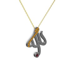 Sitrin ve rodolit garnet 925 ayar siyah rodyum kaplama gümüş kolye (40 cm altın rolo zincir)