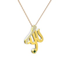Taşlı Allah Yazılı Kolye - Swarovski ve yeşil kuvars 14 ayar altın kolye (40 cm rose altın rolo zincir) #15eht0q