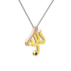 Taşlı Allah Yazılı Kolye - Pembe kuvars ve rodolit garnet 925 ayar altın kaplama gümüş kolye (40 cm gümüş rolo zincir) #15gcn2p