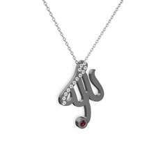 Taşlı Allah Yazılı Kolye - Pırlanta ve rodolit garnet 925 ayar siyah rodyum kaplama gümüş kolye (0.143 karat, 40 cm beyaz altın rolo zincir) #15mia3k