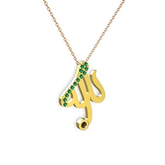 Taşlı Allah Yazılı Kolye - Yeşil kuvars ve dumanlı kuvars 18 ayar altın kolye (40 cm rose altın rolo zincir) #15qcmjr