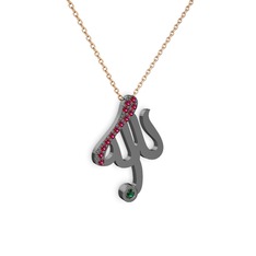 Taşlı Allah Yazılı Kolye - Rodolit garnet ve yeşil kuvars 925 ayar siyah rodyum kaplama gümüş kolye (40 cm gümüş rolo zincir) #15r85yu