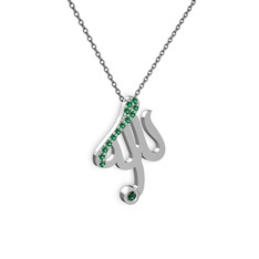 Taşlı Allah Yazılı Kolye - Yeşil kuvars 8 ayar beyaz altın kolye (40 cm gümüş rolo zincir) #15si5in