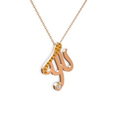 Taşlı Allah Yazılı Kolye - Sitrin ve swarovski 14 ayar rose altın kolye (40 cm rose altın rolo zincir) #15uf5g5
