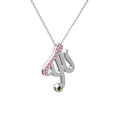 Pembe kuvars ve peridot 18 ayar beyaz altın kolye (40 cm beyaz altın rolo zincir)