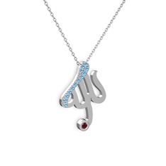 Taşlı Allah Yazılı Kolye - Akuamarin ve garnet 18 ayar beyaz altın kolye (40 cm beyaz altın rolo zincir) #16lnysz