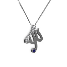 Taşlı Allah Yazılı Kolye - Swarovski ve lab safir 925 ayar siyah rodyum kaplama gümüş kolye (40 cm gümüş rolo zincir) #16mqqu8