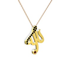 Taşlı Allah Yazılı Kolye - Siyah zirkon ve garnet 18 ayar altın kolye (40 cm rose altın rolo zincir) #16s2hel