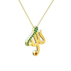 Taşlı Allah Yazılı Kolye - Yeşil kuvars ve sitrin 18 ayar altın kolye (40 cm altın rolo zincir) #16ymes9