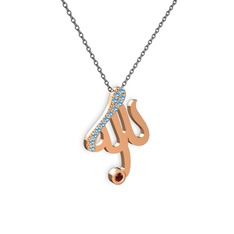 Taşlı Allah Yazılı Kolye - Akuamarin ve garnet 925 ayar rose altın kaplama gümüş kolye (40 cm gümüş rolo zincir) #1951lu