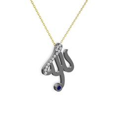 Taşlı Allah Yazılı Kolye - Swarovski ve lab safir 925 ayar siyah rodyum kaplama gümüş kolye (40 cm altın rolo zincir) #19czcc5