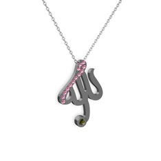 Taşlı Allah Yazılı Kolye - Pembe kuvars ve peridot 925 ayar siyah rodyum kaplama gümüş kolye (40 cm beyaz altın rolo zincir) #1amoh6a
