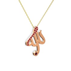 Taşlı Allah Yazılı Kolye - Kök yakut ve rodolit garnet 14 ayar rose altın kolye (40 cm gümüş rolo zincir) #1ax9u0d