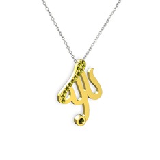 Taşlı Allah Yazılı Kolye - Peridot 14 ayar altın kolye (40 cm beyaz altın rolo zincir) #1c25fdl