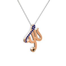 Taşlı Allah Yazılı Kolye - Lab safir ve dumanlı kuvars 18 ayar rose altın kolye (40 cm beyaz altın rolo zincir) #1ch8rt6