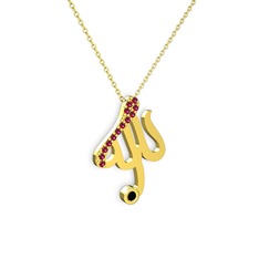 Taşlı Allah Yazılı Kolye - Rodolit garnet ve siyah zirkon 8 ayar altın kolye (40 cm altın rolo zincir) #1ddf4hc