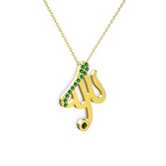 Taşlı Allah Yazılı Kolye - Yeşil kuvars ve peridot 18 ayar altın kolye (40 cm altın rolo zincir) #1djhv17