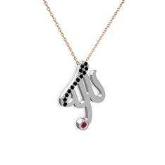 Taşlı Allah Yazılı Kolye - Siyah zirkon ve kök yakut 18 ayar beyaz altın kolye (40 cm rose altın rolo zincir) #1ejuuel