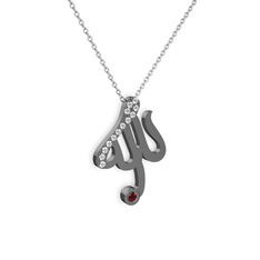 Pırlanta ve garnet 925 ayar siyah rodyum kaplama gümüş kolye (0.143 karat, 40 cm gümüş rolo zincir)