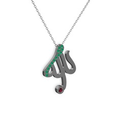 Taşlı Allah Yazılı Kolye - Kök zümrüt ve rodolit garnet 925 ayar siyah rodyum kaplama gümüş kolye (40 cm gümüş rolo zincir) #1fie7nc