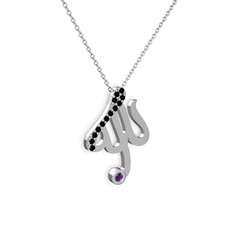 Taşlı Allah Yazılı Kolye - Siyah zirkon ve ametist 18 ayar beyaz altın kolye (40 cm beyaz altın rolo zincir) #1gn5iqf