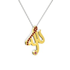 Taşlı Allah Yazılı Kolye - Garnet ve pembe kuvars 925 ayar altın kaplama gümüş kolye (40 cm beyaz altın rolo zincir) #1gsnrkg
