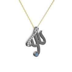 Swarovski ve akuamarin 925 ayar siyah rodyum kaplama gümüş kolye (40 cm altın rolo zincir)
