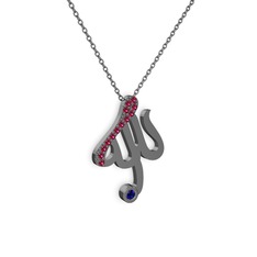 Taşlı Allah Yazılı Kolye - Rodolit garnet ve lab safir 925 ayar siyah rodyum kaplama gümüş kolye (40 cm gümüş rolo zincir) #1kxqojn