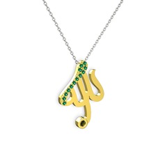 Taşlı Allah Yazılı Kolye - Yeşil kuvars ve peridot 14 ayar altın kolye (40 cm beyaz altın rolo zincir) #1l5ewyb