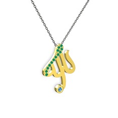 Taşlı Allah Yazılı Kolye - Kök zümrüt ve akuamarin 18 ayar altın kolye (40 cm gümüş rolo zincir) #1luddw5