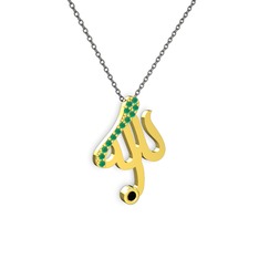 Taşlı Allah Yazılı Kolye - Kök zümrüt ve siyah zirkon 18 ayar altın kolye (40 cm gümüş rolo zincir) #1mtq5eh