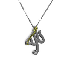 Taşlı Allah Yazılı Kolye - Peridot ve swarovski 925 ayar siyah rodyum kaplama gümüş kolye (40 cm gümüş rolo zincir) #1n2m1zg
