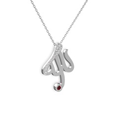 Taşlı Allah Yazılı Kolye - Beyaz zirkon ve garnet 18 ayar beyaz altın kolye (40 cm beyaz altın rolo zincir) #1nlvac1