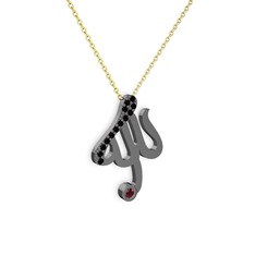 Taşlı Allah Yazılı Kolye - Siyah zirkon ve garnet 925 ayar siyah rodyum kaplama gümüş kolye (40 cm altın rolo zincir) #1npozgt