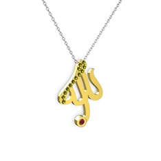 Taşlı Allah Yazılı Kolye - Peridot ve kök yakut 8 ayar altın kolye (40 cm beyaz altın rolo zincir) #1nvjbia