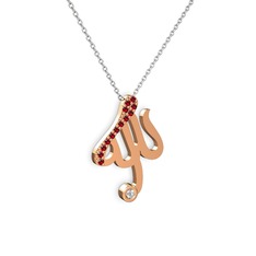 Taşlı Allah Yazılı Kolye - Garnet ve pırlanta 8 ayar rose altın kolye (0.036 karat, 40 cm beyaz altın rolo zincir) #1nwh8z1