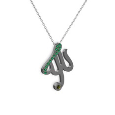 Taşlı Allah Yazılı Kolye - Yeşil kuvars ve peridot 925 ayar siyah rodyum kaplama gümüş kolye (40 cm beyaz altın rolo zincir) #1pkdun7