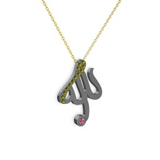 Peridot ve pembe kuvars 925 ayar siyah rodyum kaplama gümüş kolye (40 cm altın rolo zincir)